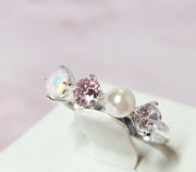 The Wren Dainty & Delicate Stacking Ring on Silver Band - Opal and Pearl - Adjustable