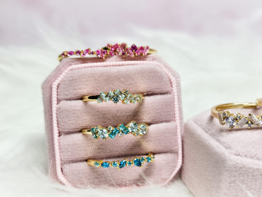 The Hazel Dainty & Delicate Stacking Stone Ring in Gold - Adjustable - Light Blue