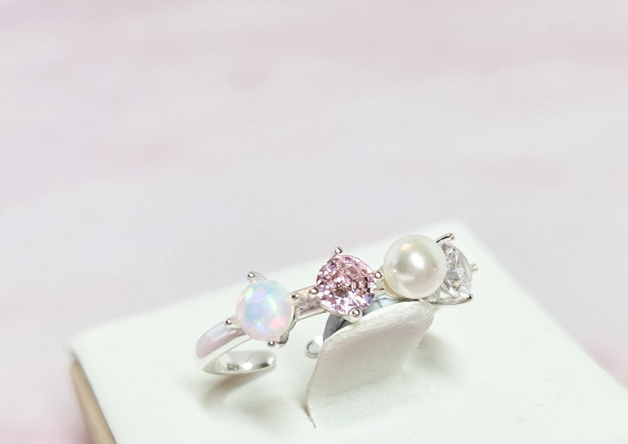 The Wren Dainty & Delicate Stacking Ring on Silver Band - Opal and Pearl - Adjustable