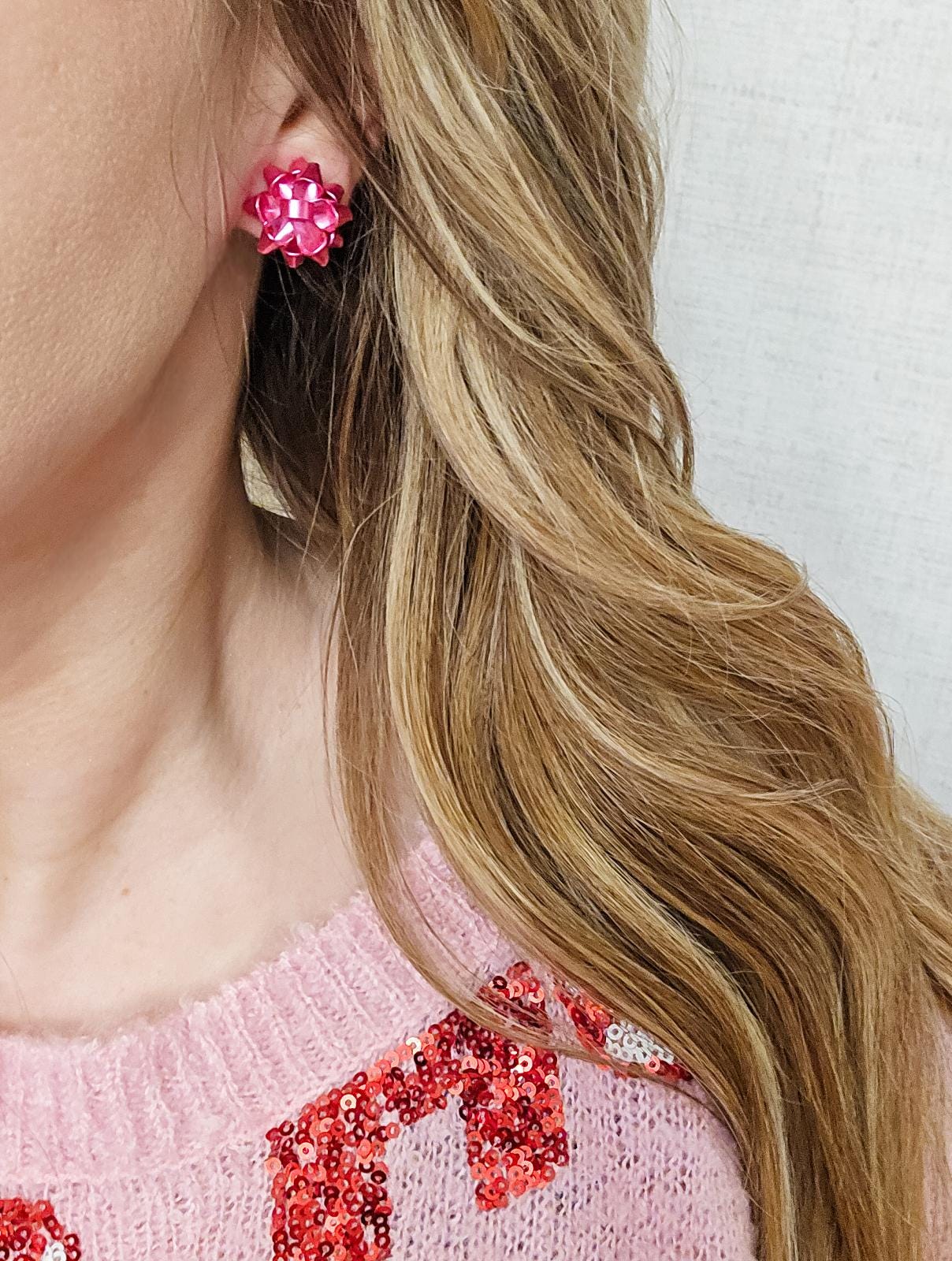 Classic Christmas Bow Stud Earrings - Pink