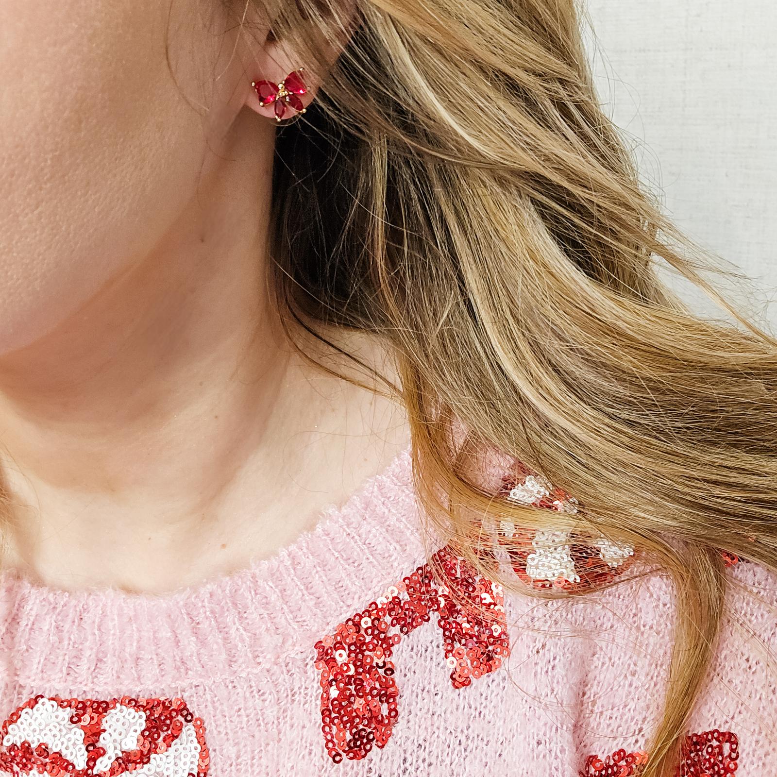 The Classic Coquette Christmas Zircon Bow Stud Earrings - Red