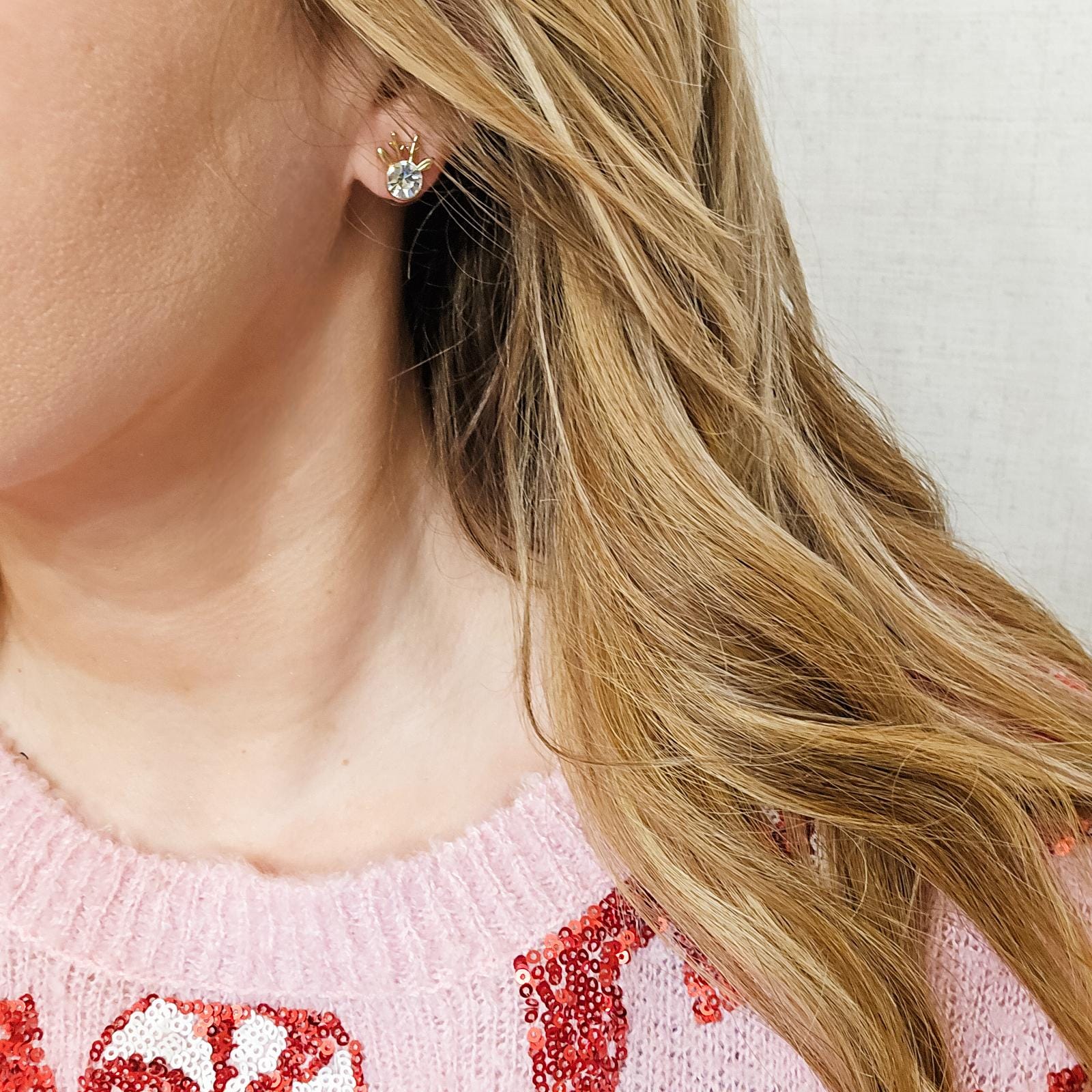 The Dainty & Delicate Tiny Reindeer Clear Zircon and Gold Stud Earrings