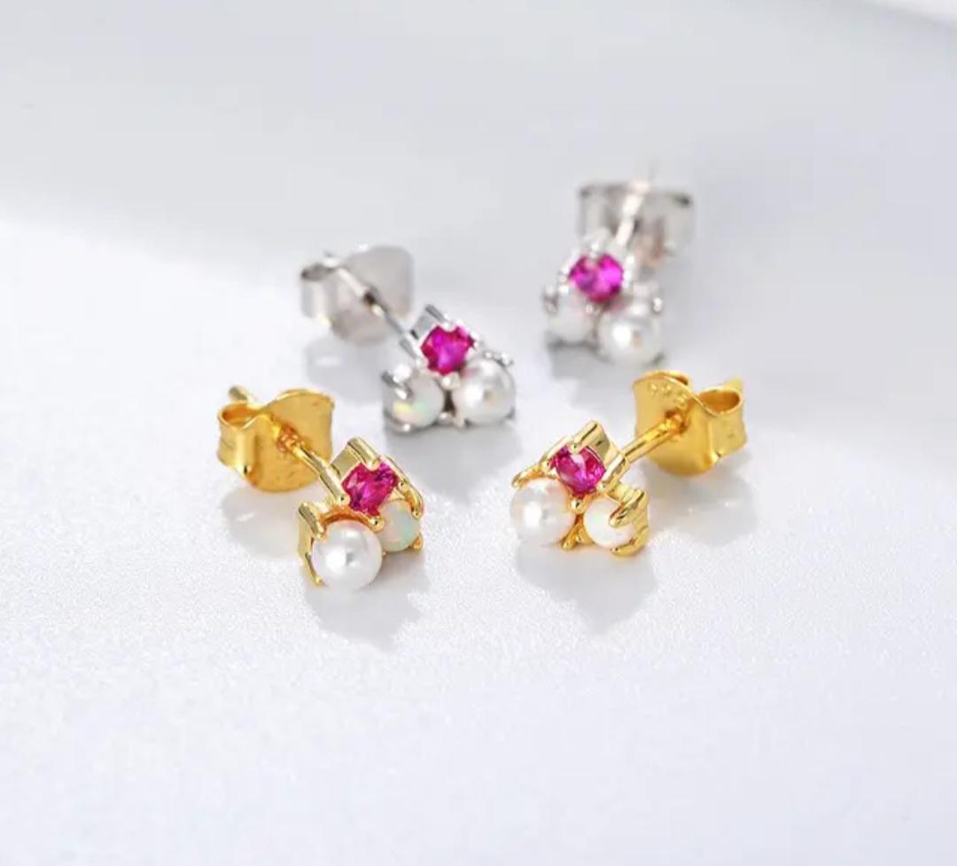 The Calista Dainty & Delicate Pearl Opal and Zircon Jewel Cluster Stud Earrings - Hypoallergenic - Gold or Silver