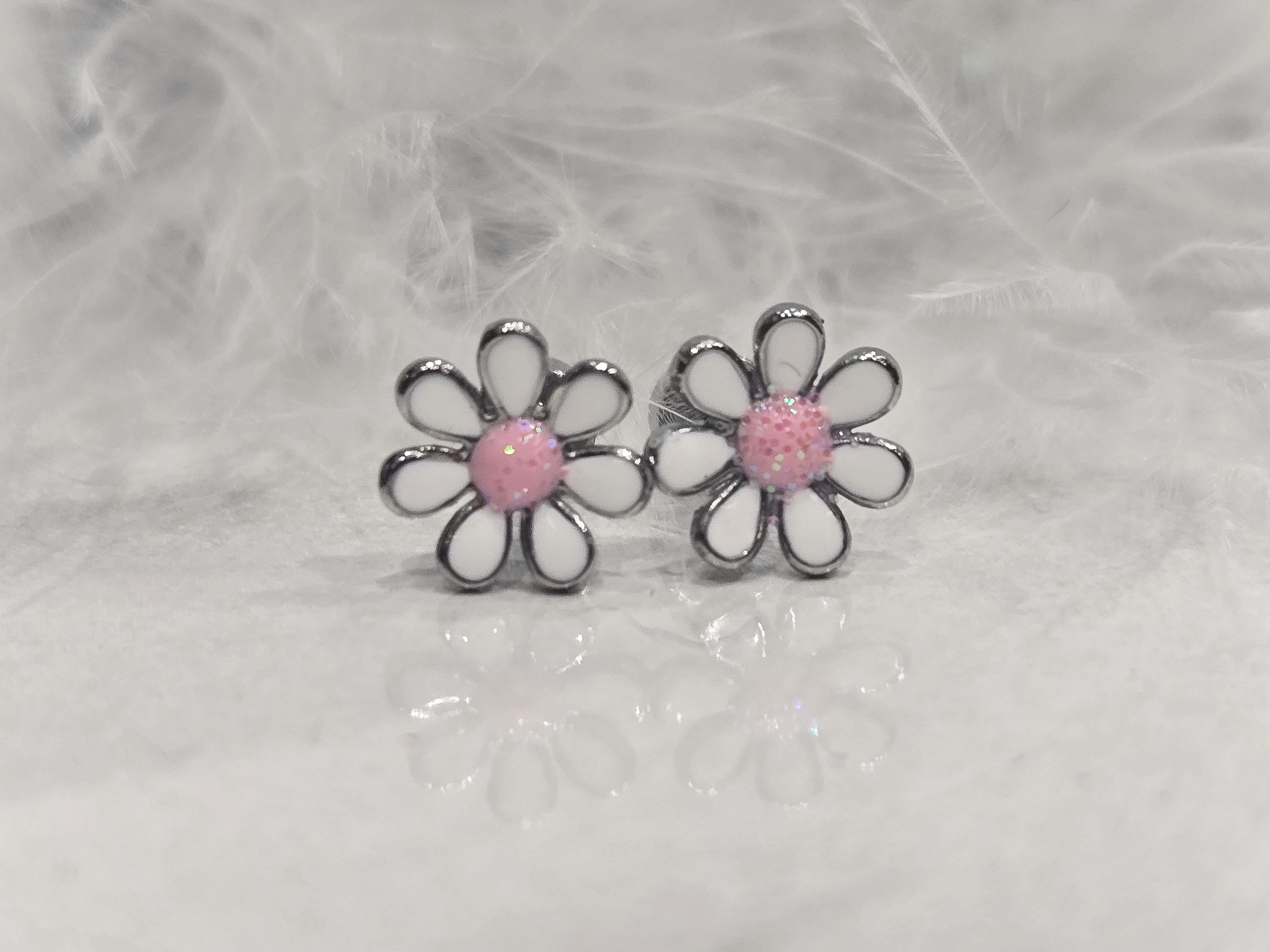 Dainty & Delicate Pink Glitter Daisy - Hypoallergenic - Screw back Earrings for Children and Kids