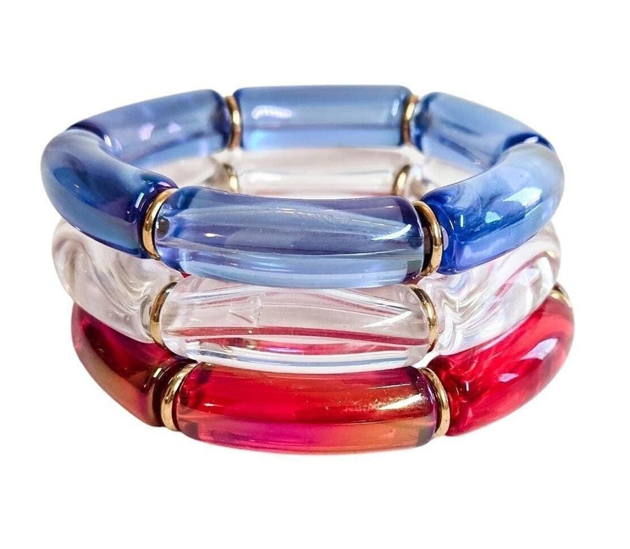 The Oh My Stars & Stripes Patriotic Acrylic Stretchy Bracelet Stack with Gold or Silver Accents