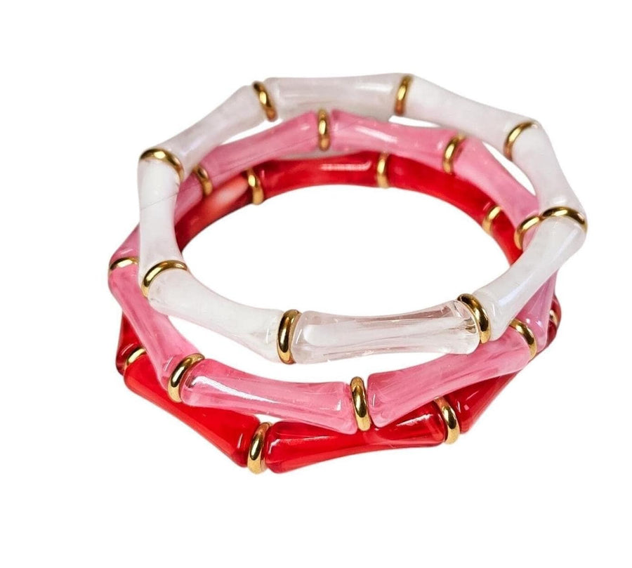 The Bridgette Bamboo Valentines Girly Red Pink and White Marbled Bracelet Stack in Gold or Silver