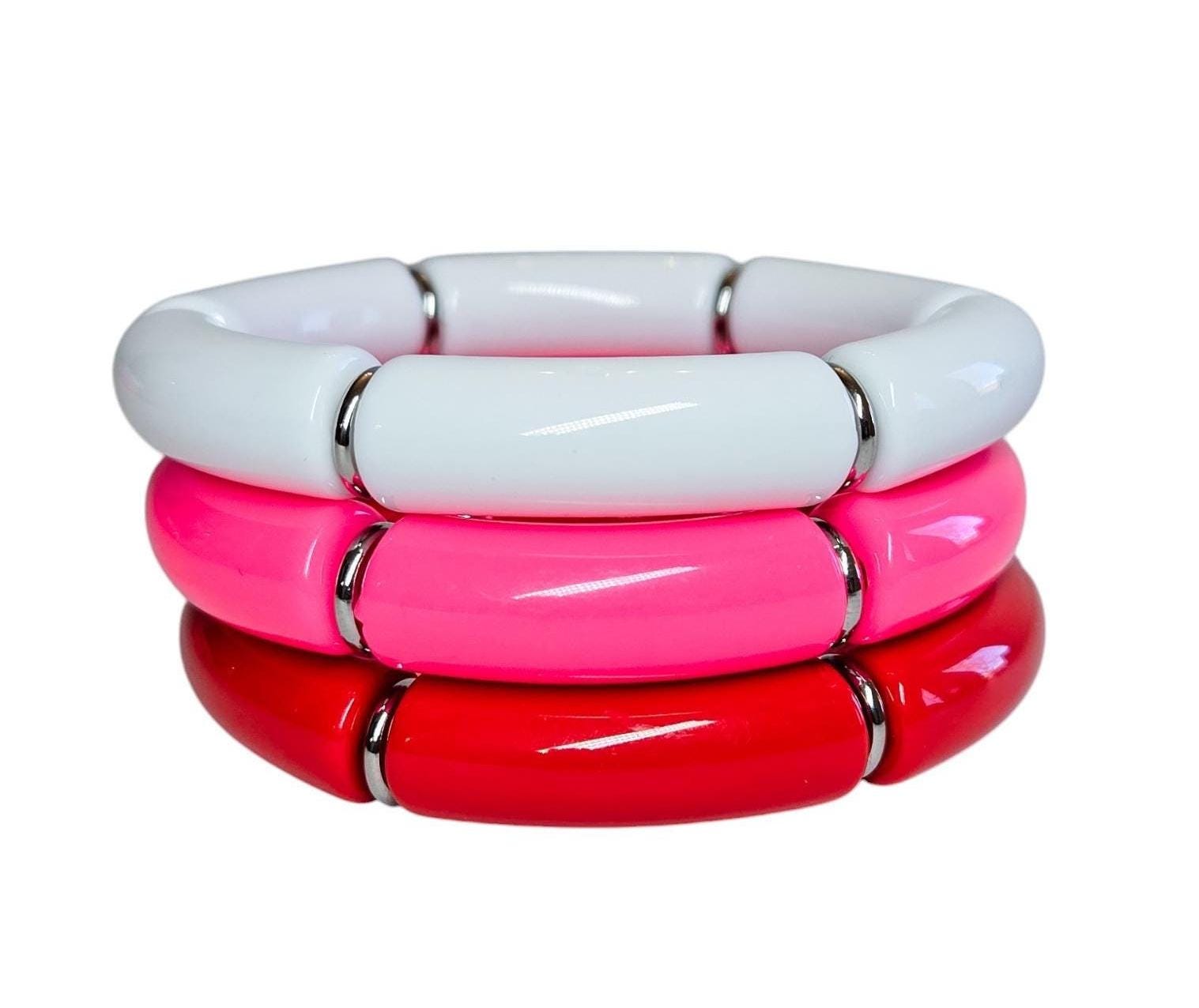 The Pulling Heartstrings Pink and Red Acrylic Stack in Gold or Silver - Valentines Bracelet Stack