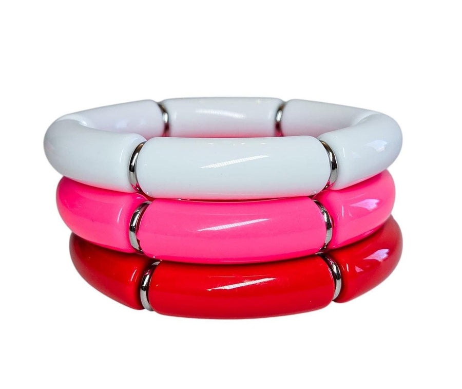 The Pulling Heartstrings Pink and Red Acrylic Stack in Gold or Silver - Valentines Bracelet Stack