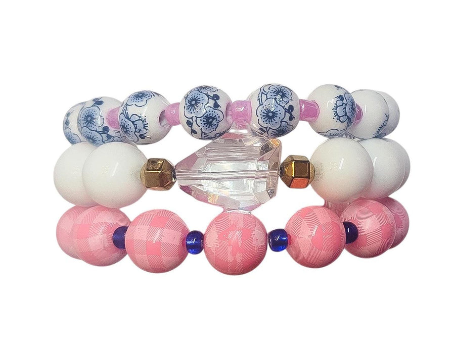 Alone in the Garden Plaid Gingham Chinoiserie Stretchy Bracelet Stack in Pink and Gold