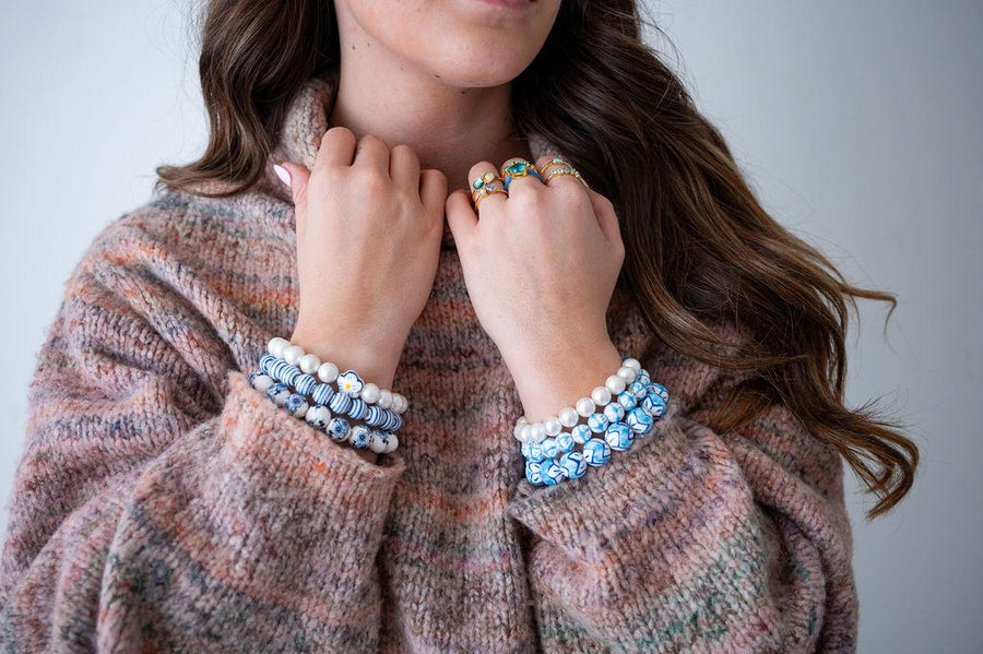 The Nancy M Grand Millennial Ultimate Chinoiserie Preppy Pearl Stretchy Bracelet Stack