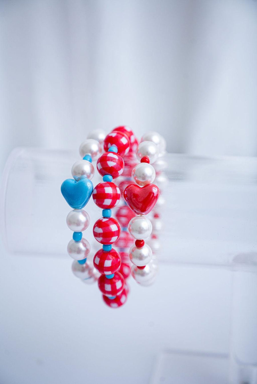 The Patriotic Pearls Preppy Gingham Heart Stretchy Bracelet Stack