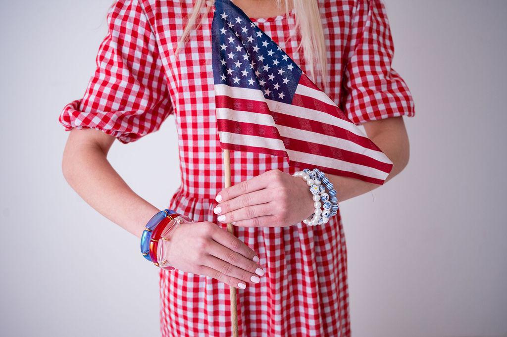 The Oh My Stars & Stripes Patriotic Acrylic Stretchy Bracelet Stack with Gold or Silver Accents