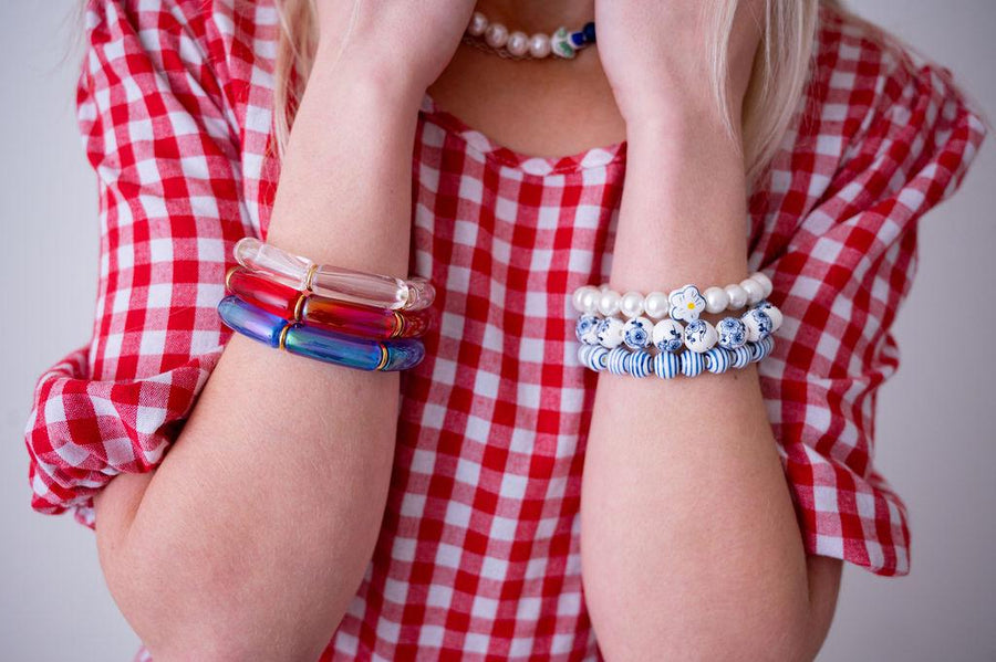 The Oh My Stars & Stripes Patriotic Acrylic Stretchy Bracelet Stack with Gold or Silver Accents