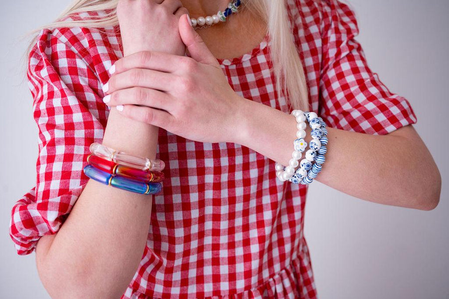 The Oh My Stars & Stripes Patriotic Acrylic Stretchy Bracelet Stack with Gold or Silver Accents