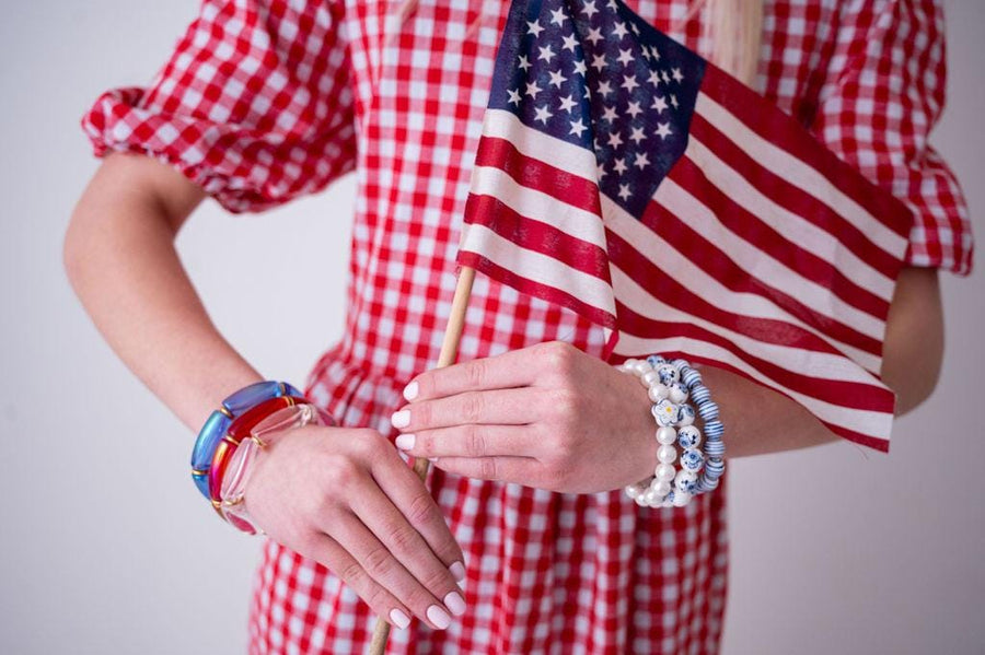 The Oh My Stars & Stripes Patriotic Acrylic Stretchy Bracelet Stack with Gold or Silver Accents