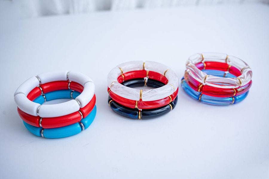 The Oh My Stars & Stripes Patriotic Acrylic Stretchy Bracelet Stack with Gold or Silver Accents