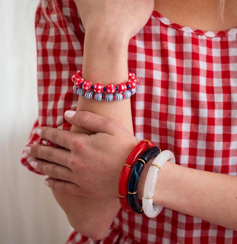 The Let Freedom Ring Classic Traditional Patriotic Marbled Stretchy Bracelet Stack with Gold or Silver Accents