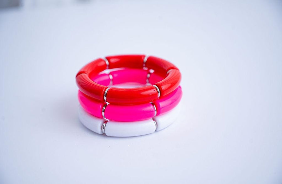 The Pulling Heartstrings Pink and Red Acrylic Stack in Gold or Silver - Valentines Bracelet Stack