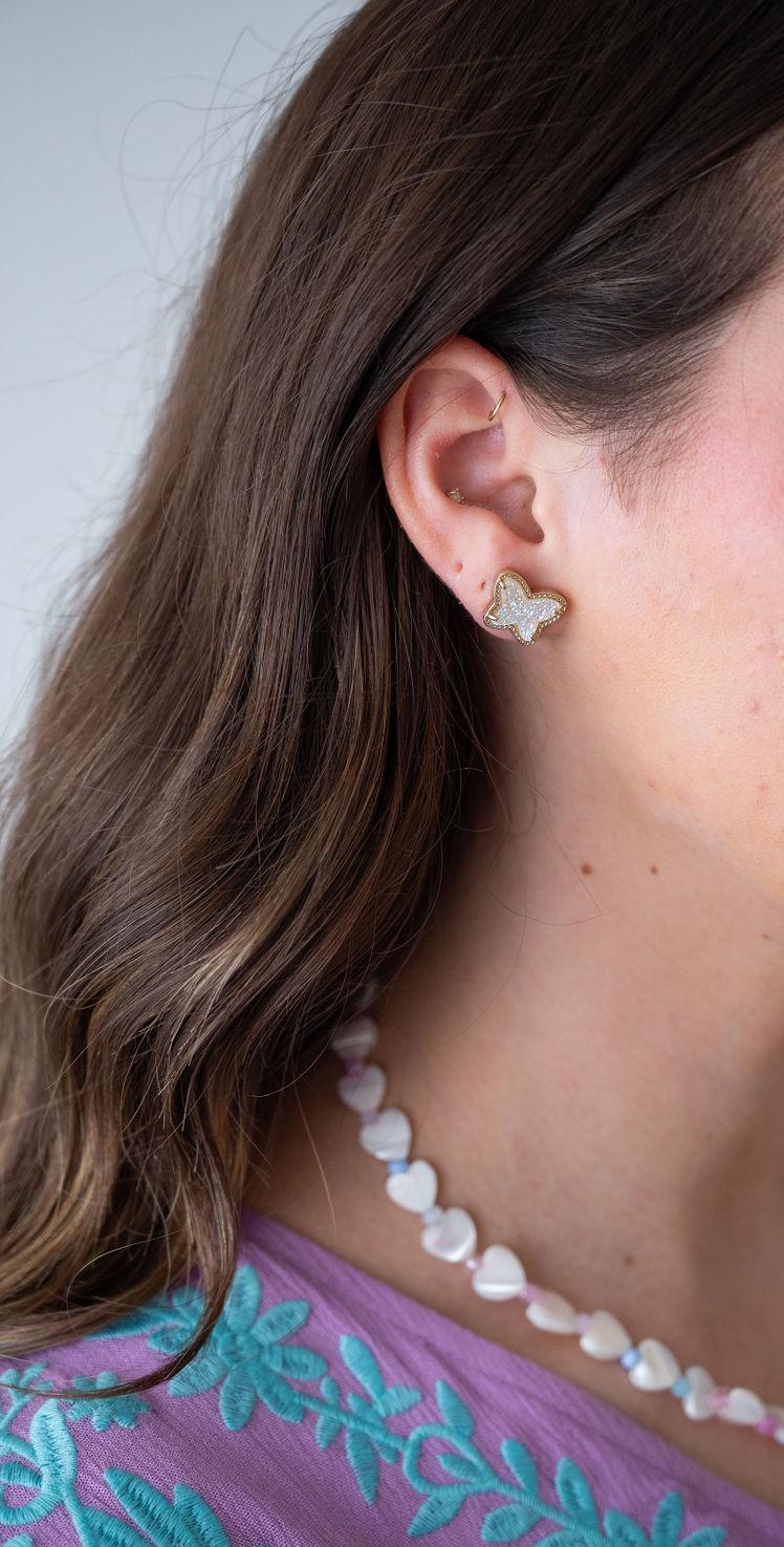 The White Faux Druzy Butterfly Dainty & Delicate Stud - Light Weight