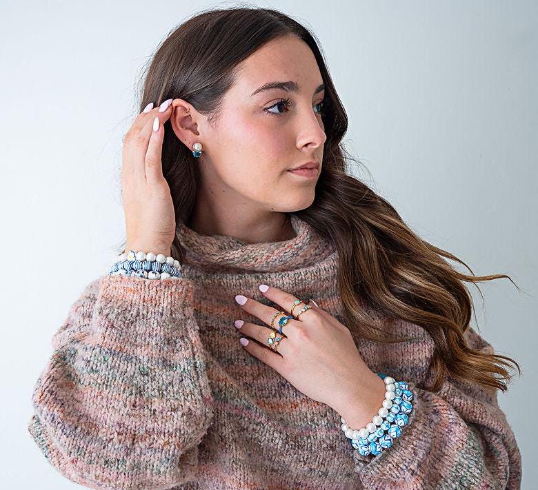 The Nancy M Grand Millennial Ultimate Chinoiserie Preppy Pearl Stretchy Bracelet Stack