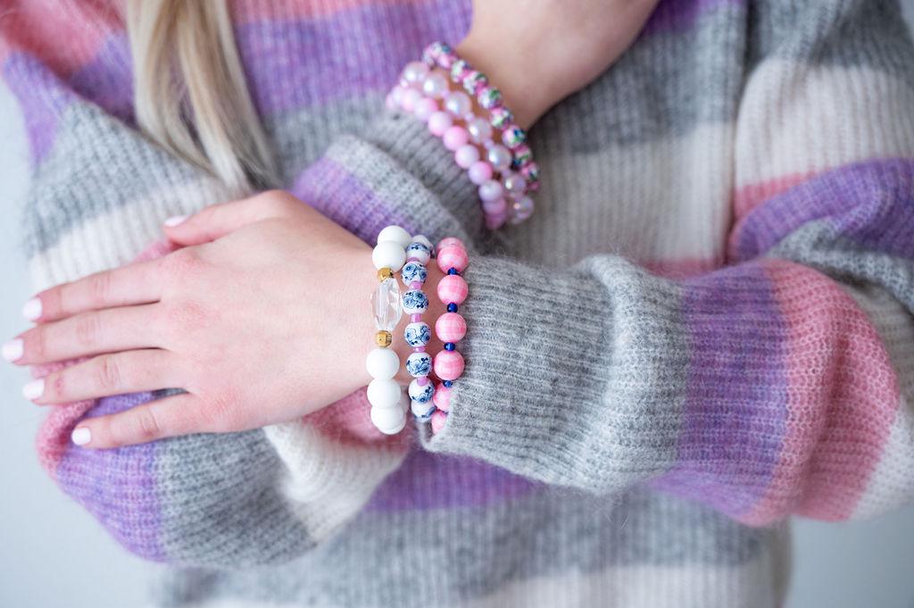 Alone in the Garden Plaid Gingham Chinoiserie Stretchy Bracelet Stack in Pink and Gold