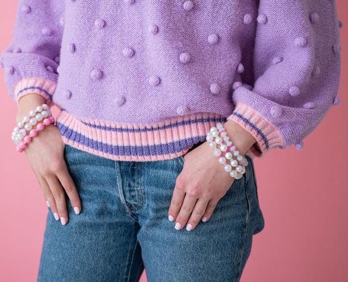 The One I want Pearl Moonstone Agate Pink Blue and Purple Bead Bracelet Stack - Stretchy