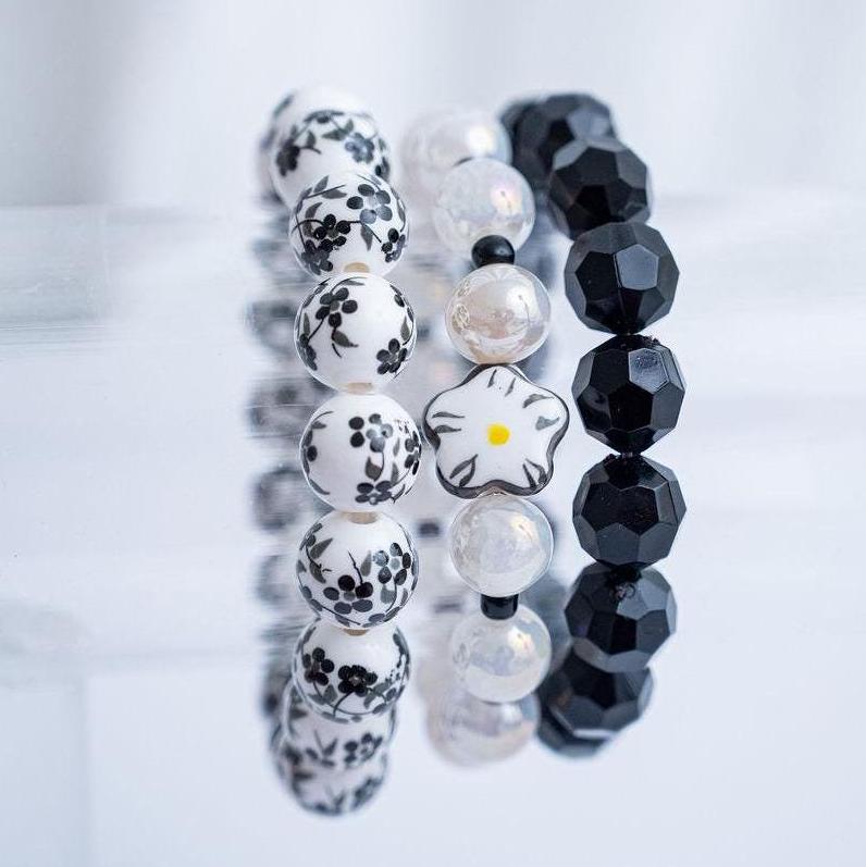The Blooming Love Chinoiserie Black Stretchy Bracelet Stack