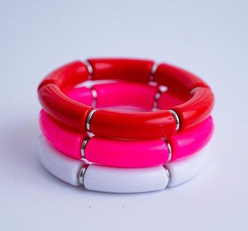 The Pulling Heartstrings Pink and Red Acrylic Stack in Gold or Silver - Valentines Bracelet Stack