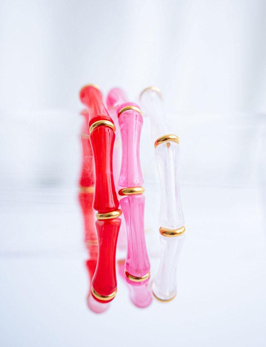 The Bridgette Bamboo Valentines Girly Red Pink and White Marbled Bracelet Stack in Gold or Silver