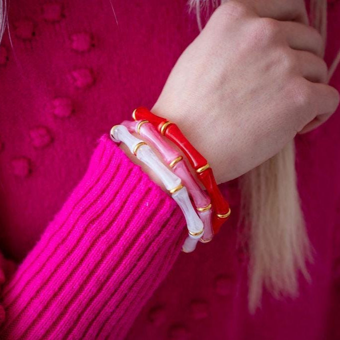 The Bridgette Bamboo Valentines Girly Red Pink and White Marbled Bracelet Stack in Gold or Silver