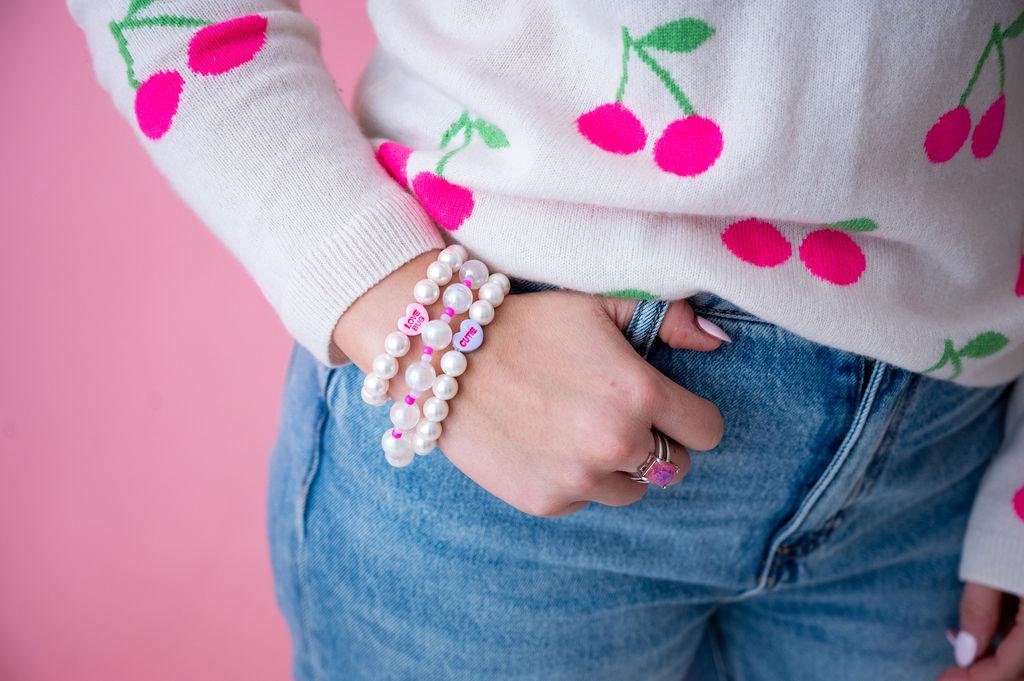 The Falling for You Valentine's Candy Conversation and Shell Pearl Bracelet Stack