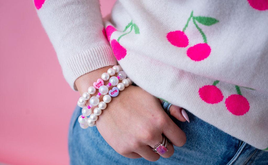 The Falling for You Valentine's Candy Conversation and Shell Pearl Bracelet Stack