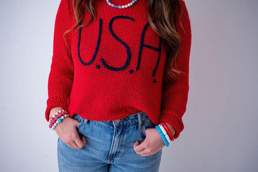 The Patriotic Pearls Preppy Gingham Heart Stretchy Bracelet Stack