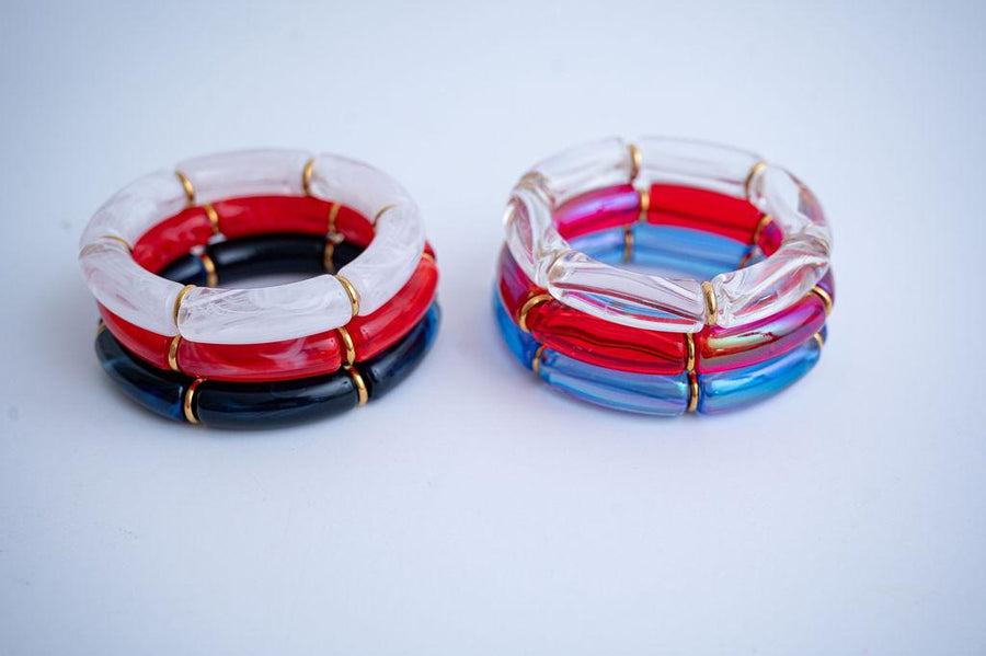 The Oh My Stars & Stripes Patriotic Acrylic Stretchy Bracelet Stack with Gold or Silver Accents
