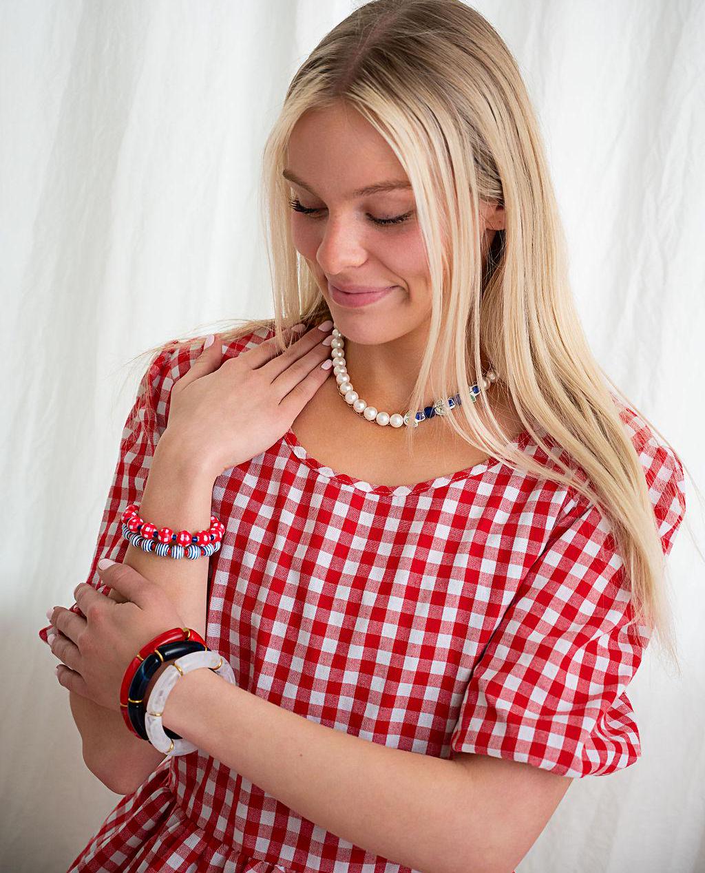 The Let Freedom Ring Classic Traditional Patriotic Marbled Stretchy Bracelet Stack with Gold or Silver Accents