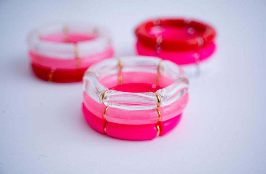 The Pulling Heartstrings Pink and Red Acrylic Stack in Gold or Silver - Valentines Bracelet Stack