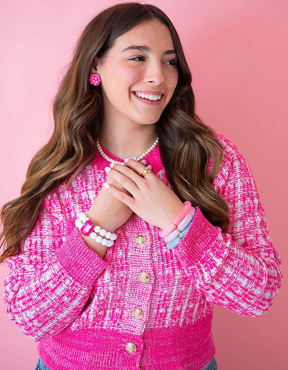 The Dottie Large Gem Stacked Bracelet in Hot Pink and Gingham