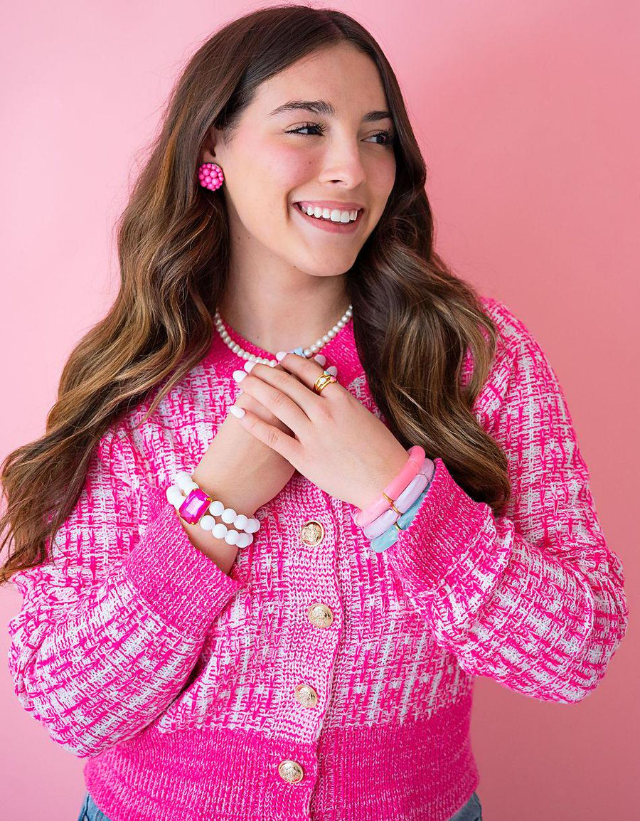 The Dottie Large Gem Stacked Bracelet in Hot Pink and Gingham
