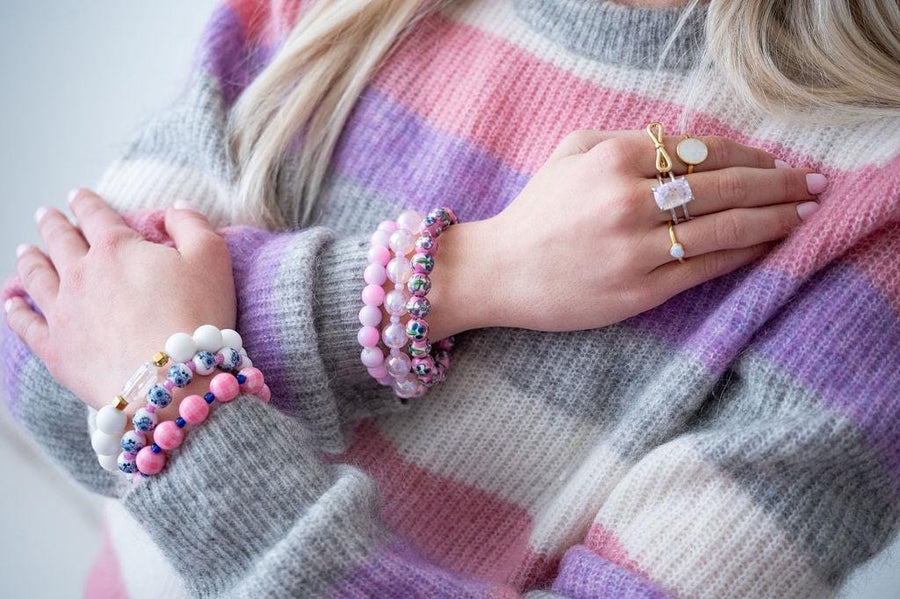 Alone in the Garden Plaid Gingham Chinoiserie Stretchy Bracelet Stack in Pink and Gold