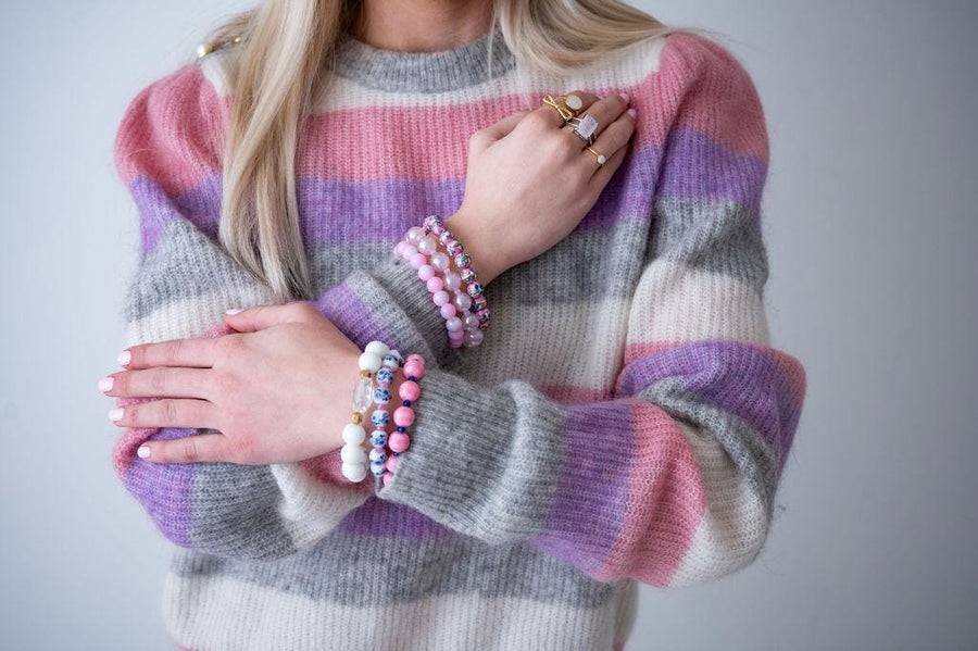 Alone in the Garden Plaid Gingham Chinoiserie Stretchy Bracelet Stack in Pink and Gold