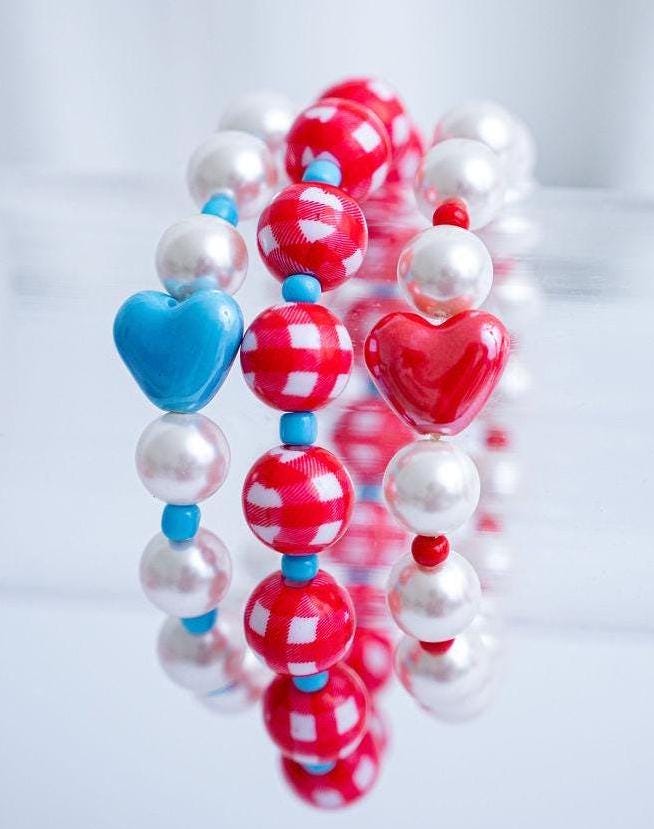 The Patriotic Pearls Preppy Gingham Heart Stretchy Bracelet Stack