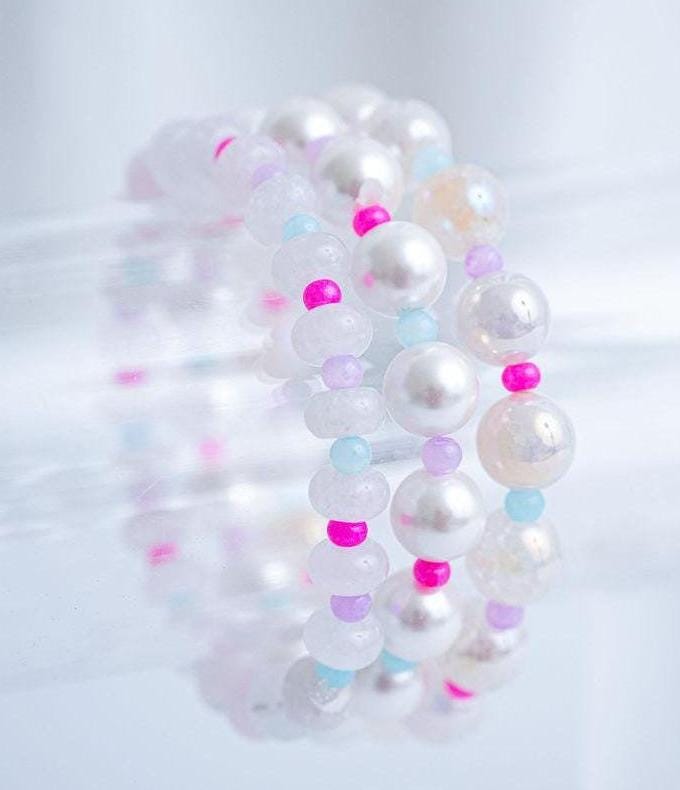The One I want Pearl Moonstone Agate Pink Blue and Purple Bead Bracelet Stack - Stretchy