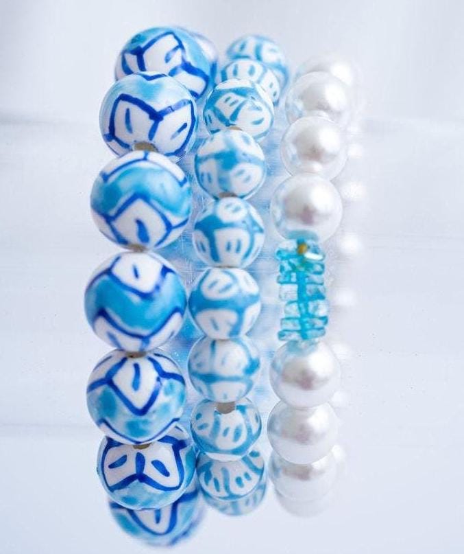 The Nancy M Grand Millennial Ultimate Chinoiserie Preppy Pearl Stretchy Bracelet Stack