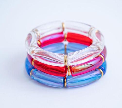 The Oh My Stars & Stripes Patriotic Acrylic Stretchy Bracelet Stack with Gold or Silver Accents