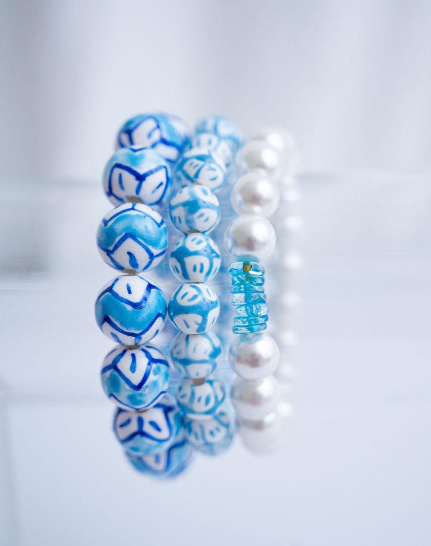 The Nancy M Grand Millennial Ultimate Chinoiserie Preppy Pearl Stretchy Bracelet Stack