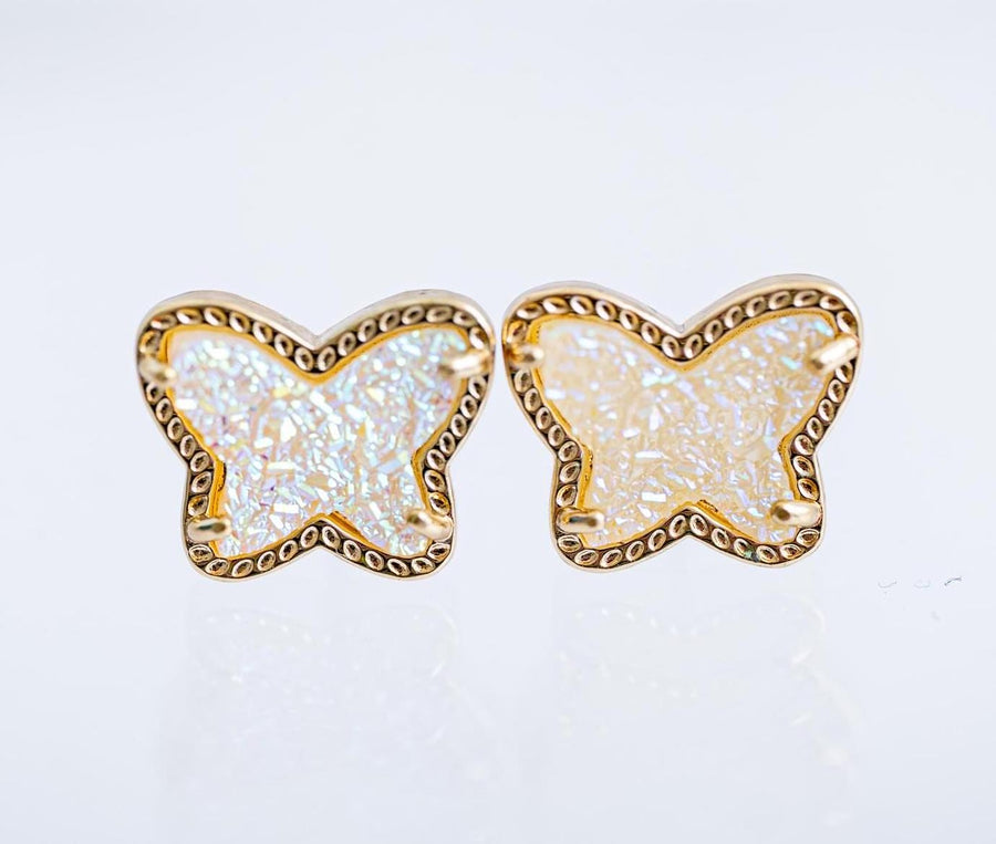 The White Faux Druzy Butterfly Dainty & Delicate Stud - Light Weight