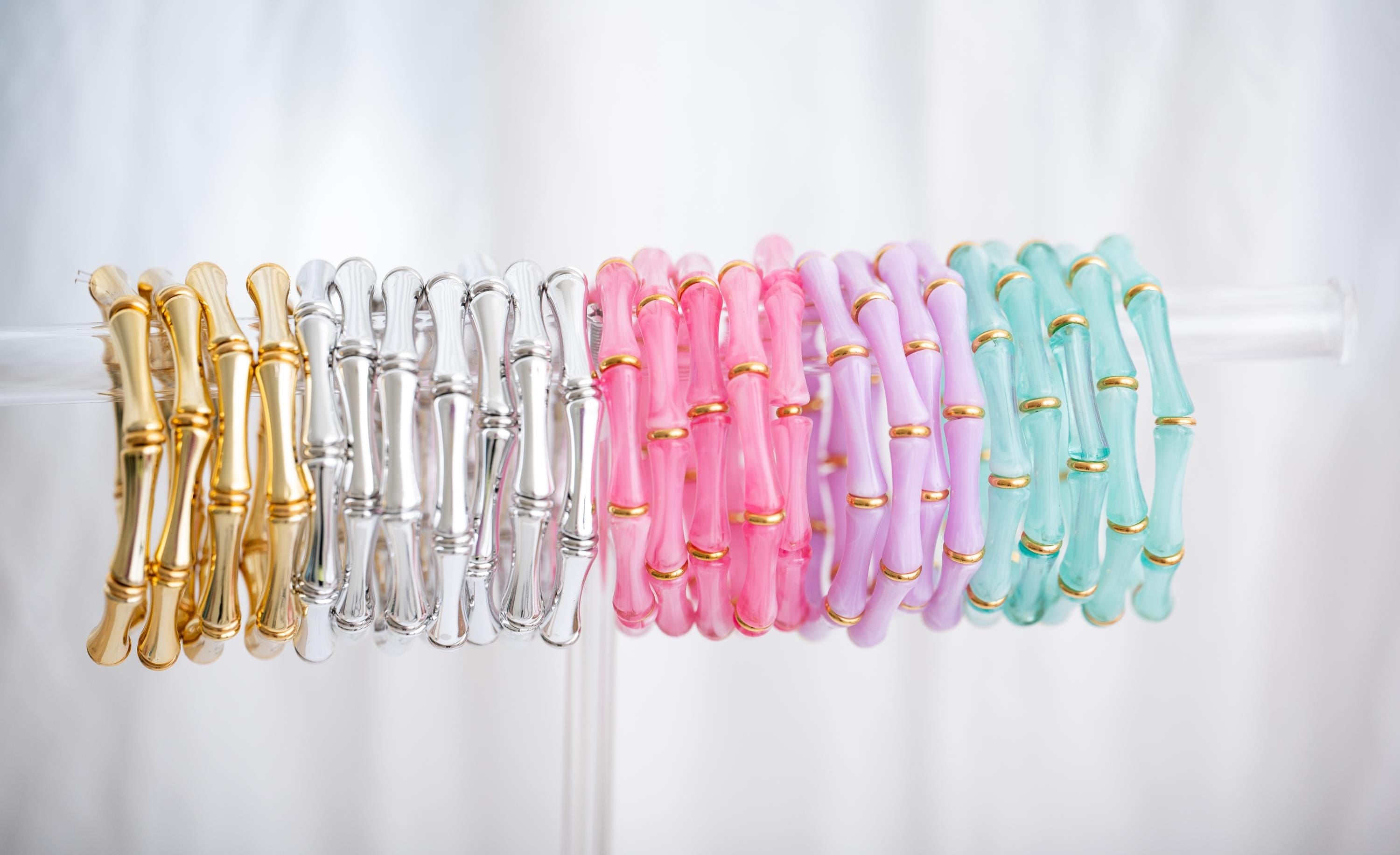 The Thin Bridgette Bamboo Acrylic Bangle Set in Marbled Lilac (in Gold or Silver)