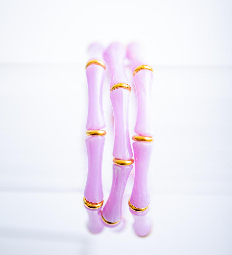 The Thin Bridgette Bamboo Acrylic Bangle Set in Marbled Lilac (in Gold or Silver)