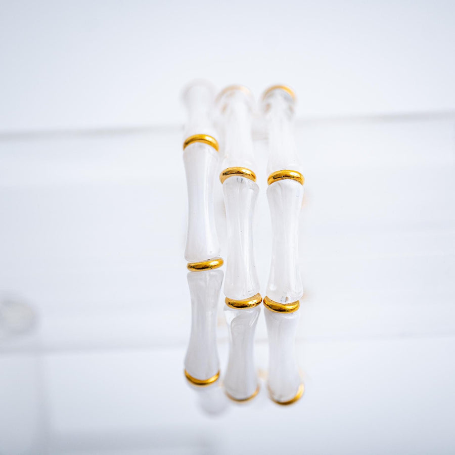 The Thin Bridgette Bamboo Acrylic Bangle Bracelet in Marbled Cloudy White (Gold or Silver)