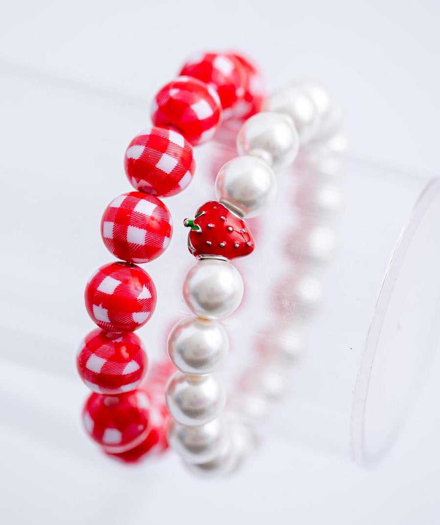The Strawberry Wine Pearl & Red Gingham Summer Stack - Stretchy Bracelets